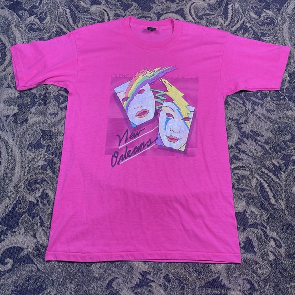 Vtg 80s French Quarter New Orleans Big Graphic Pink Shirt Mens Size Large - Picture 1 of 7